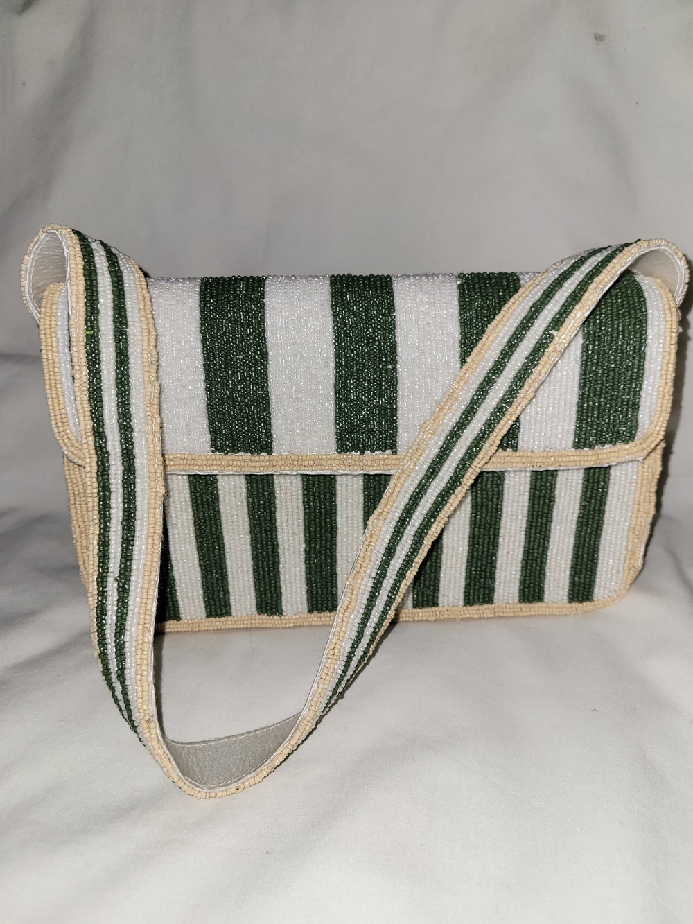 NWOT Handcrafted In India Beaded Green & White Striped Shoulder Bag